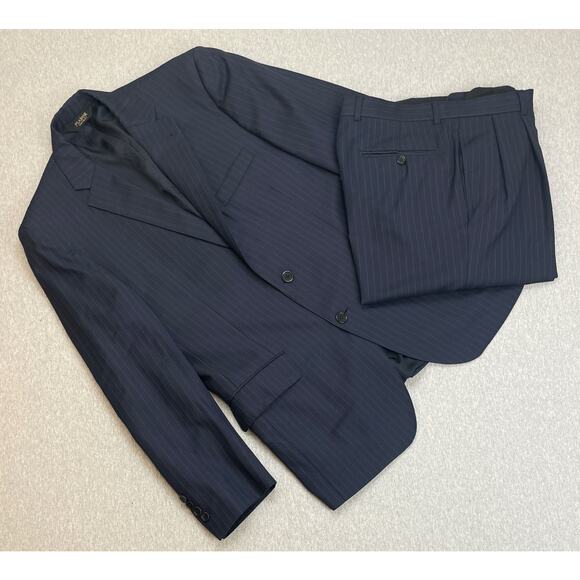 Jos A Bank Suit Men 40R Navy Blue 100% Wool Pinstripe 2 Piece Set Pants 34 x 30